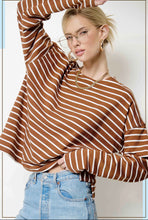 Load image into Gallery viewer, Relaxed Oversized Brown Stripe Drop Shoulder Top