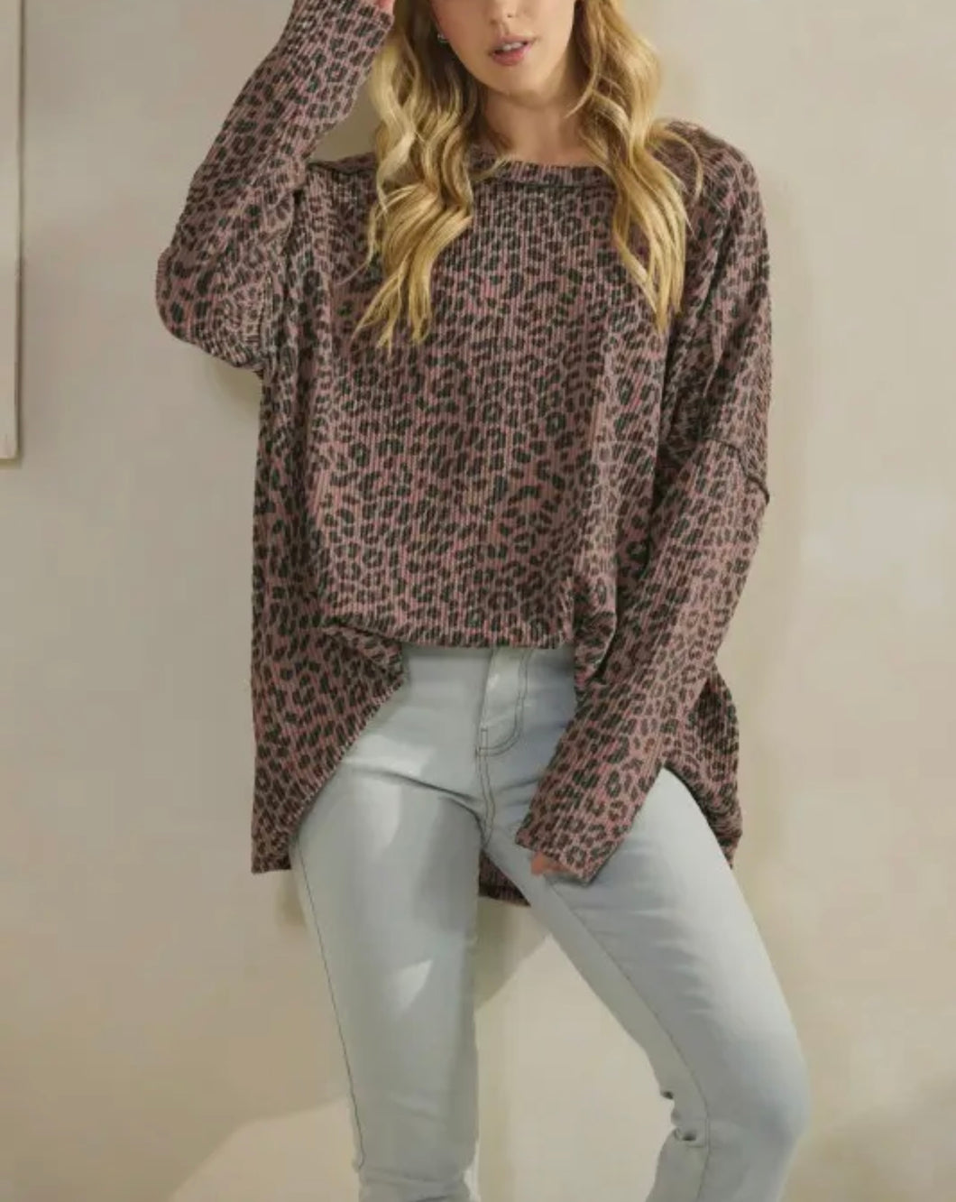 Oversized Cheetah Ribbed Drop Shoulder Top