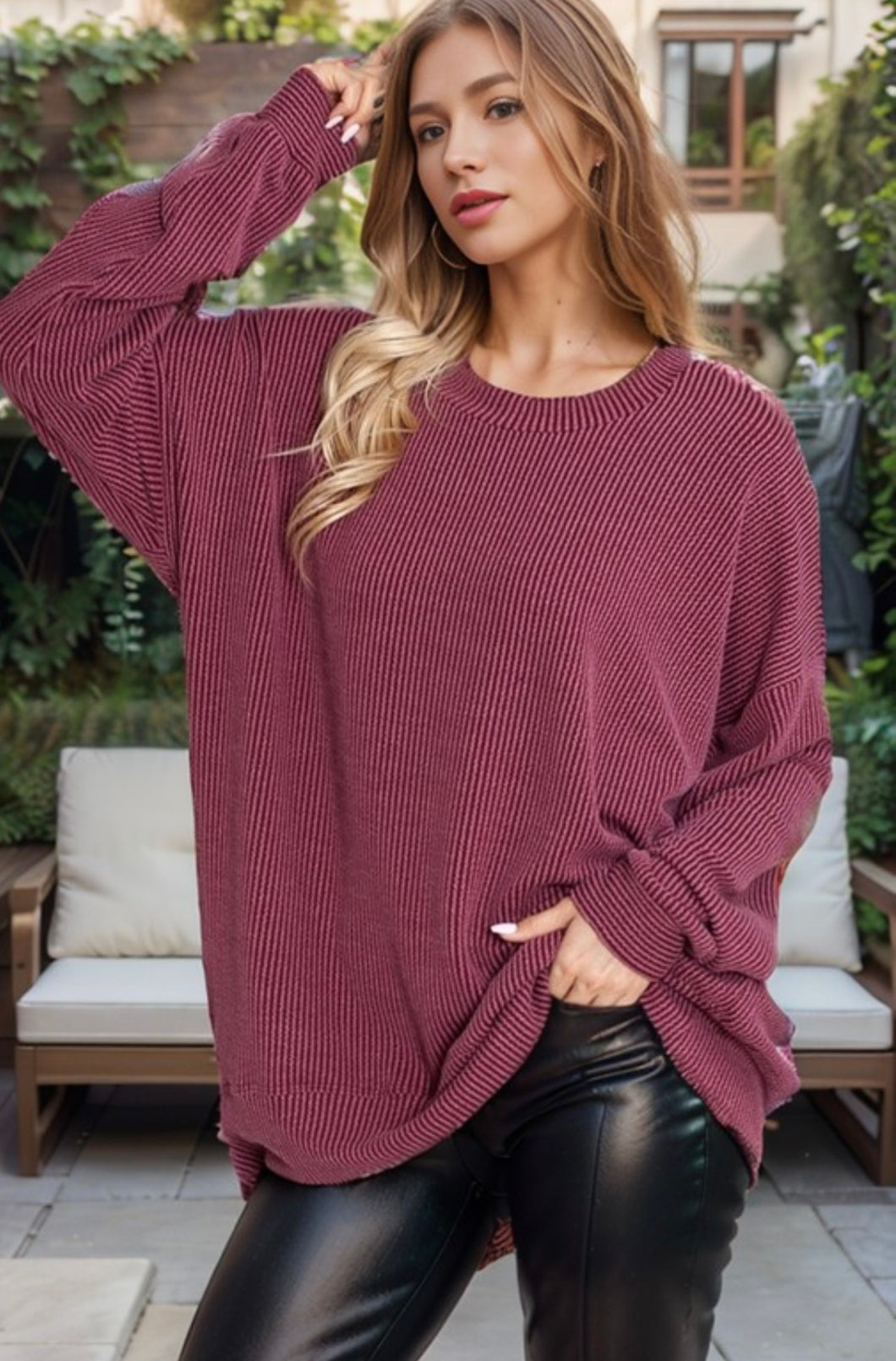 Oversized Wave Ribbed Burgundy Top