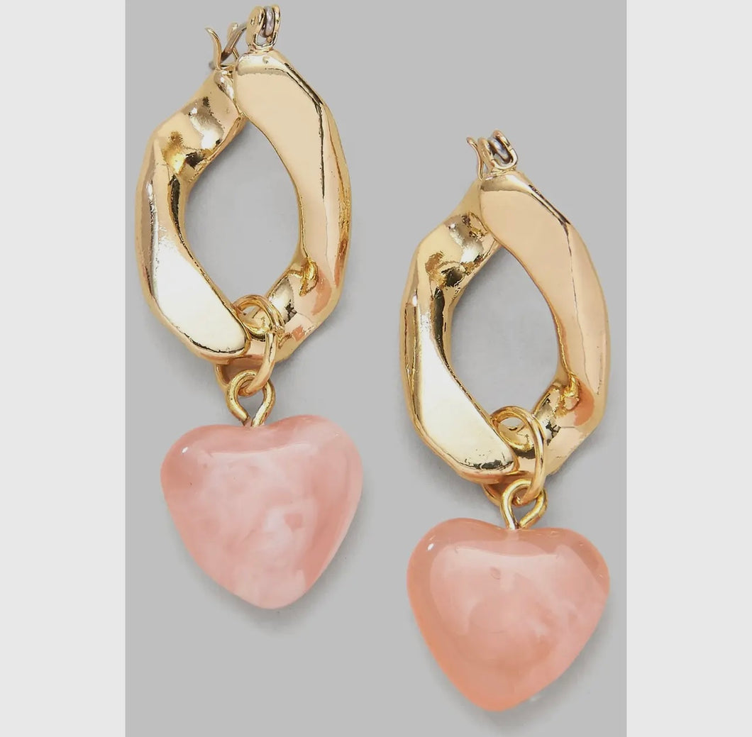 Pink Stone Heart Dangle Earrings