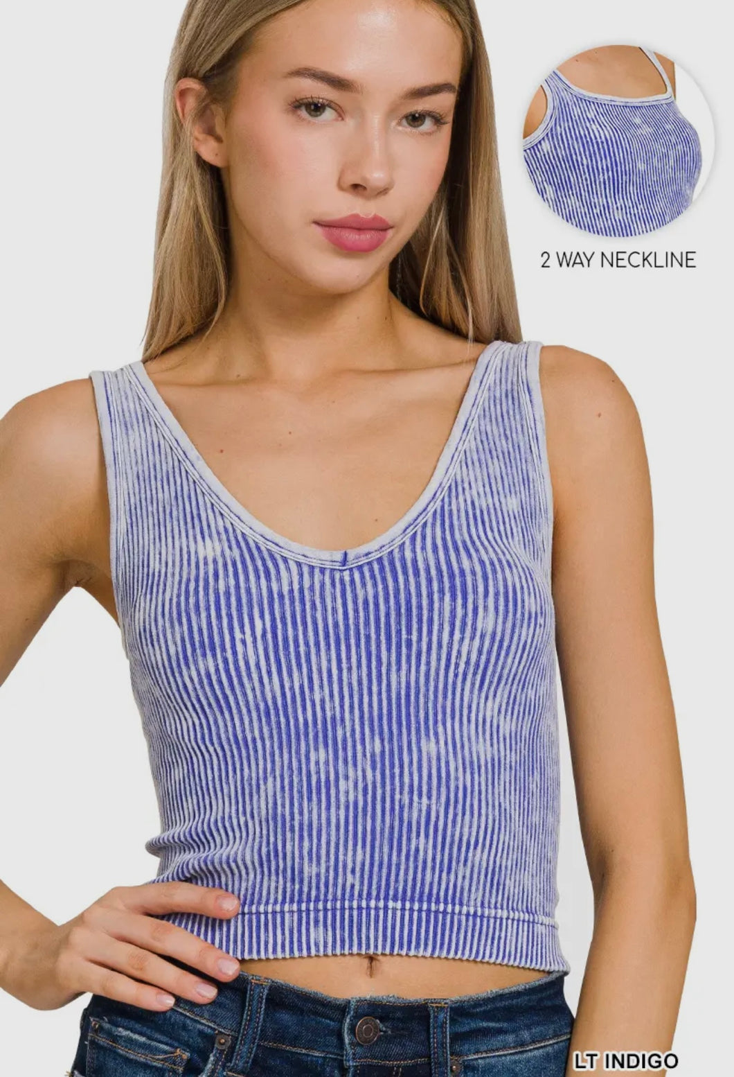 Blue Ribbed Reversible Cropped Tank