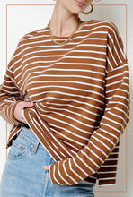 Load image into Gallery viewer, Relaxed Oversized Brown Stripe Drop Shoulder Top
