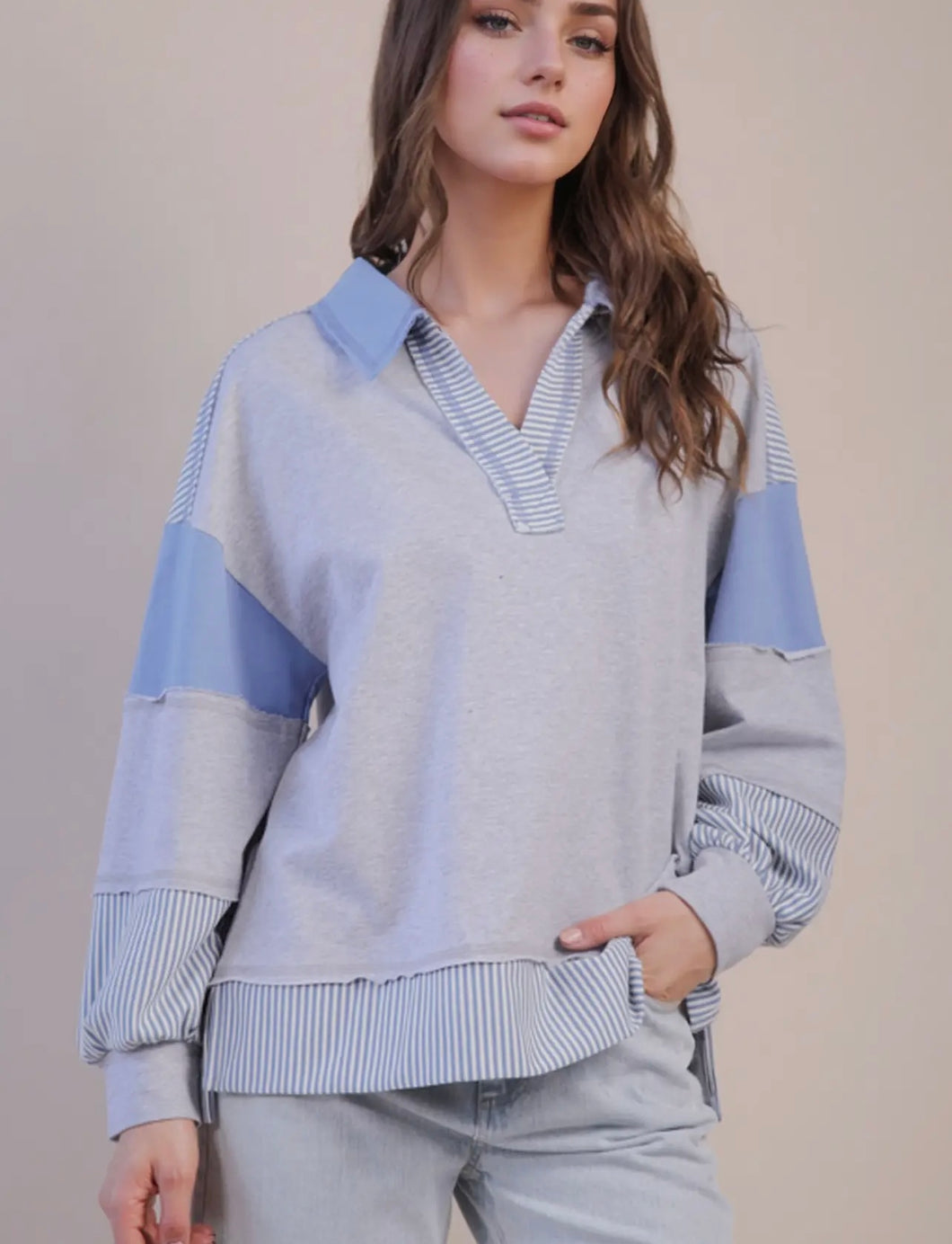 Blue/Grey Block Striped Top