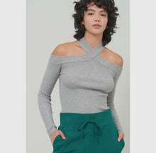 Load image into Gallery viewer, Ribbed Gray Off The Shoulder Halter Top
